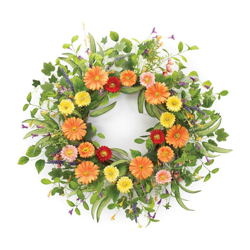 Melrose International Mixed Daisy Floral Wreath 27.5"D, Orange/Green - 88582DS