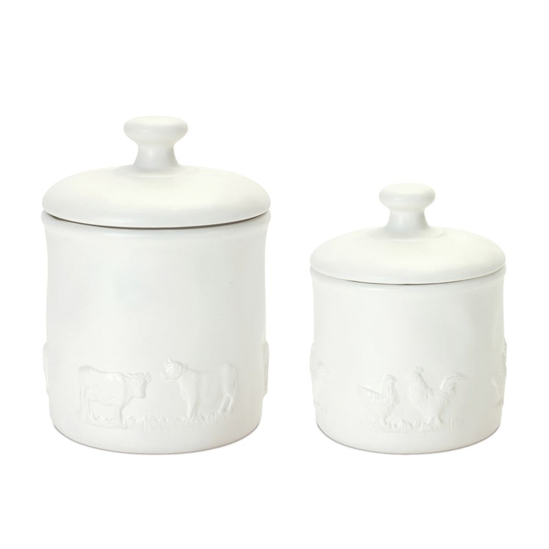 Melrose International Ceramic Farm Animal Canister, Set of 2, White - 88588DS