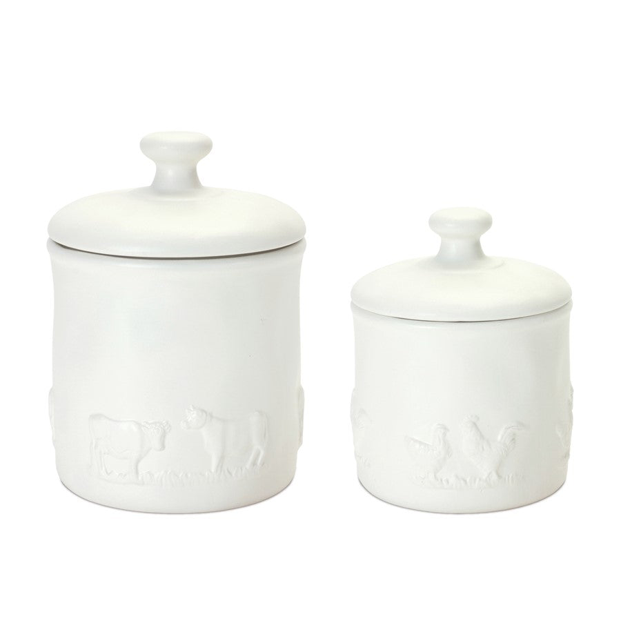 Melrose International Ceramic Farm Animal Canister, Set of 2, White - 88588DS