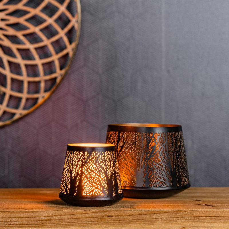 Melrose Abstract Punched Metal Candle Holder, Set of 2, Black/Gold