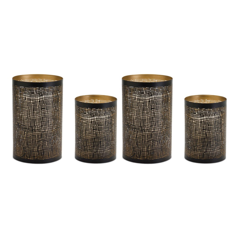 Melrose Abstract Punched Metal Candle Holder, Set of 2, Black/Gold