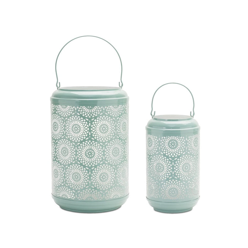 Melrose Punched Metal Lantern Candle Holder, Set of 2, Green - 88597DS