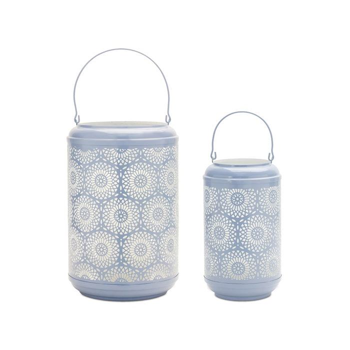 Melrose Punched Metal Lantern Candle Holder, Set of 2, Blue - 88598DS