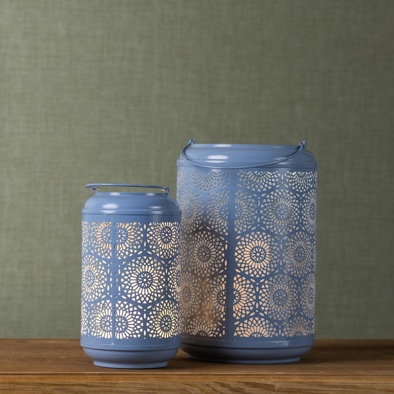 Melrose Punched Metal Lantern Candle Holder, Set of 2, Blue