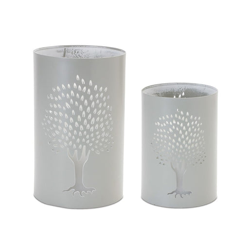 Melrose Punched Metal Tree Candle Holder, Set of 2, Green/White - 88600DS