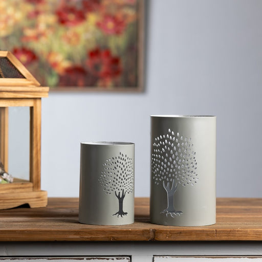 Melrose Punched Metal Tree Candle Holder, Set of 2, Green/White