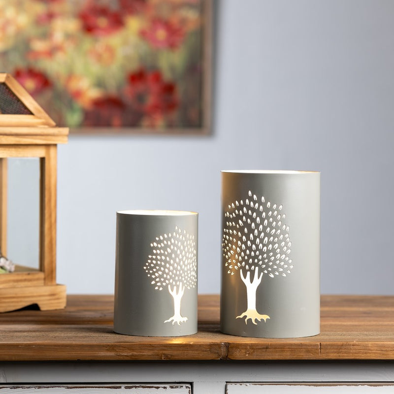 Melrose Punched Metal Tree Candle Holder, Set of 2, Green/White