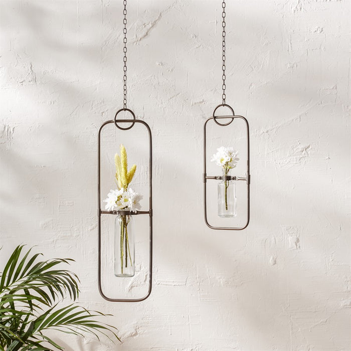 Melrose Int. Hanging Bottle Vase, Metal Frame, Set of 2, Black