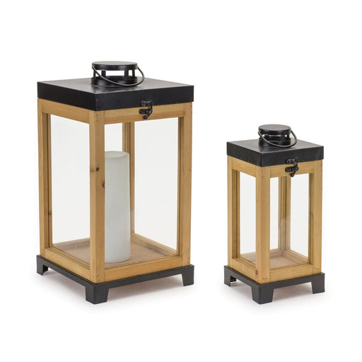 Melrose Wood Box Lantern on Metal Stand, Set of 2, Brown/Black - 88645DS