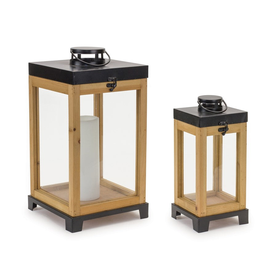 Melrose Wood Box Lantern on Metal Stand, Set of 2, Brown/Black - 88645DS