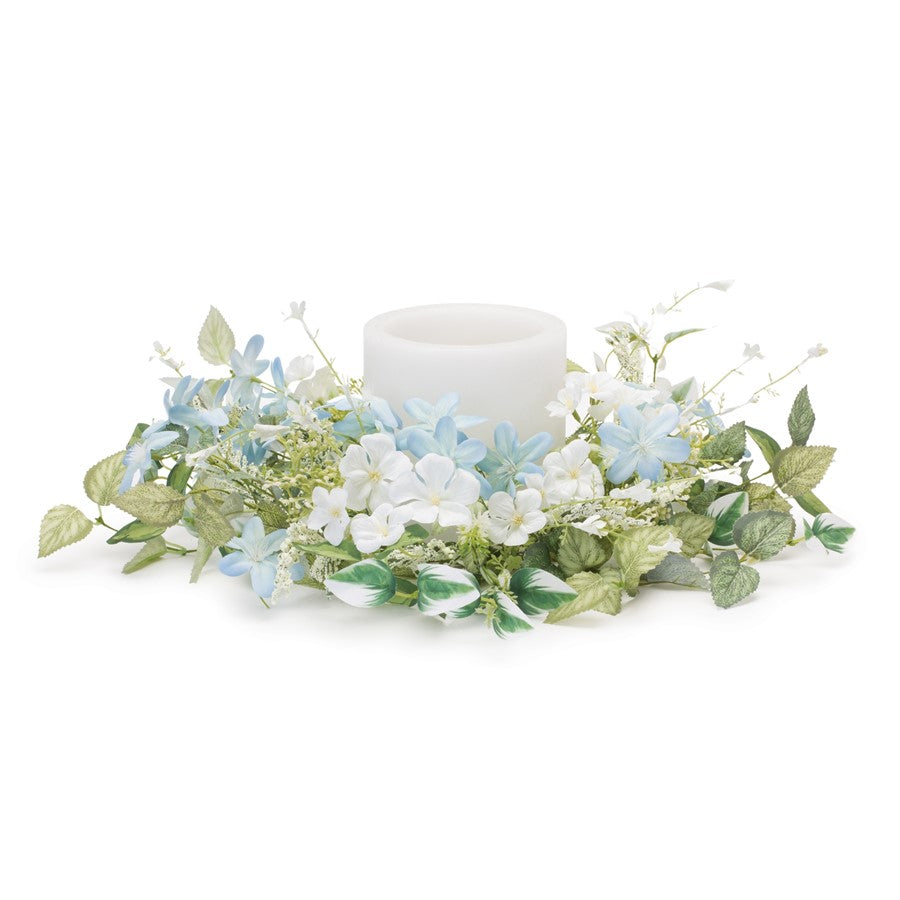 Melrose Mini Blossom Floral Candle Ring 18"D, Green/White/Blue - 88663DS