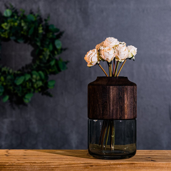 Melrose International Sage Glass Vase/Wood Accent 11"H, Green/Brown