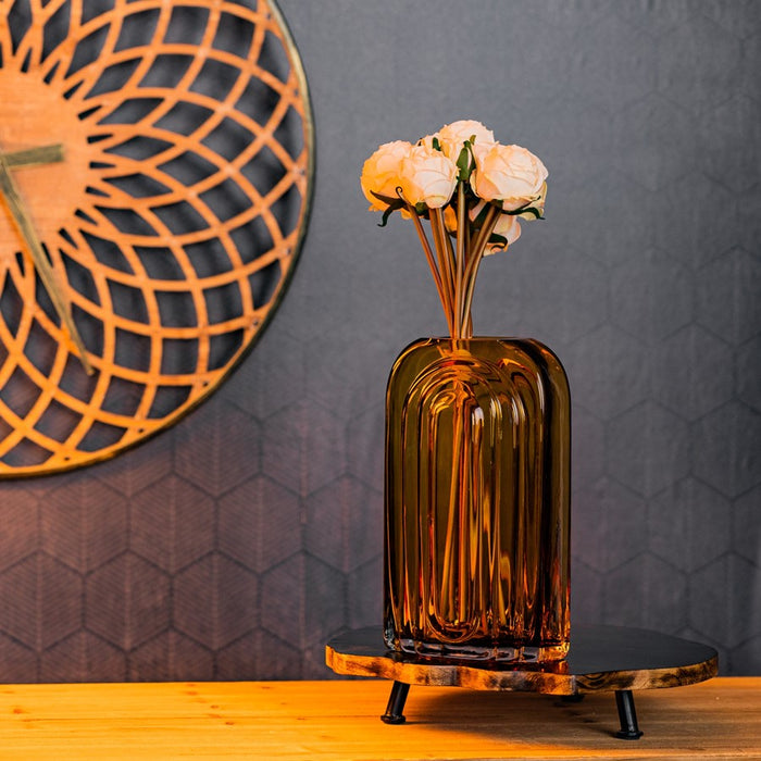 Melrose International Sage Glass Vase/Wood Accent 11"H, Green/Brown