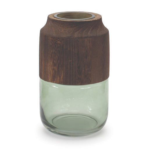 Melrose International Sage Glass Vase/Wood Accent 9"H, Green/Brown - 88711DS