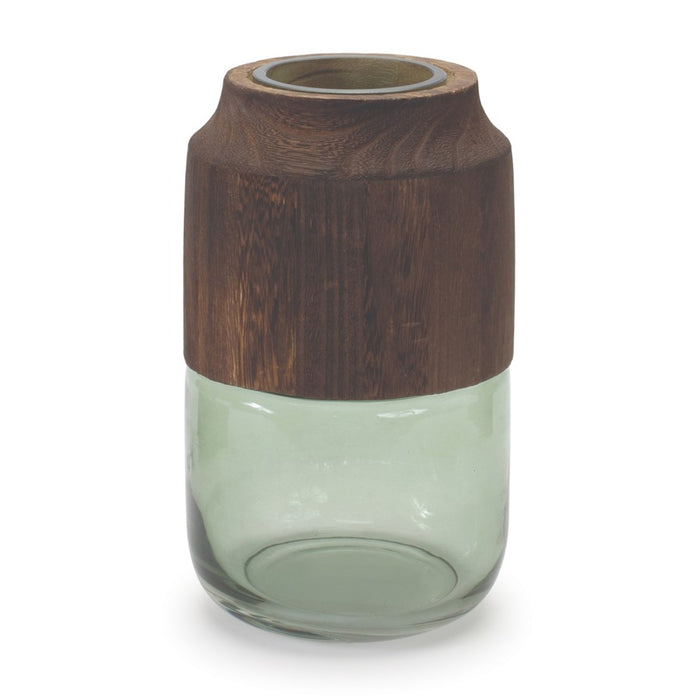 Melrose International Sage Glass Vase/Wood Accent 9"H, Green/Brown - 88711DS