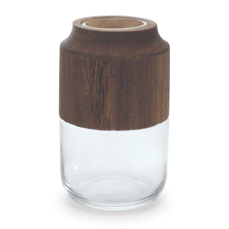 Melrose International Glass Vase/Wood Accent 9"H, Brown/CleaRed - 88713DS
