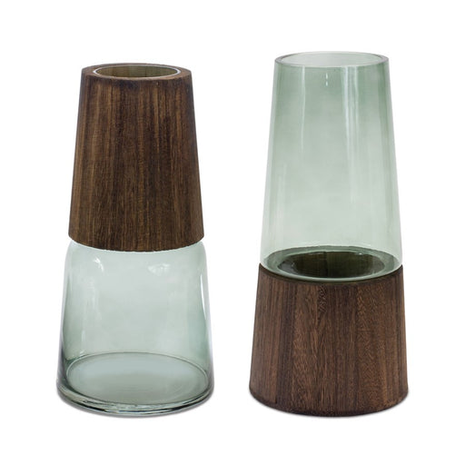 Melrose Tapered Glass Vase/Wood Accent, Set of 2, Brown/Green - 88714DS