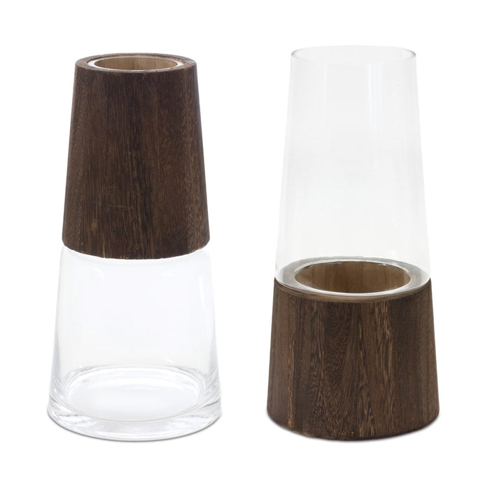 Melrose Tapered Glass Vase/Wood Accent, Set of 2, Brown/CleaRed - 88715DS