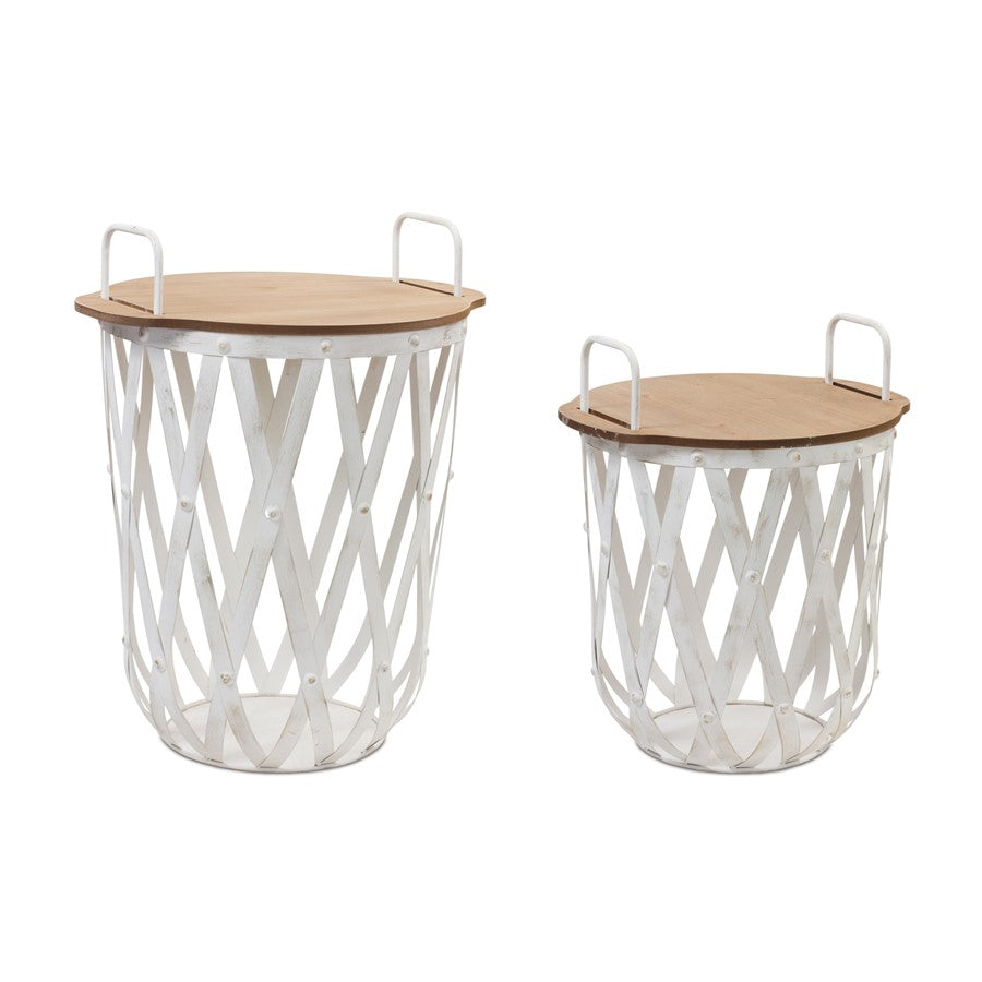 Melrose Metal/Wood Side Basket Tables, Set of 2, White/Brown - 88736DS