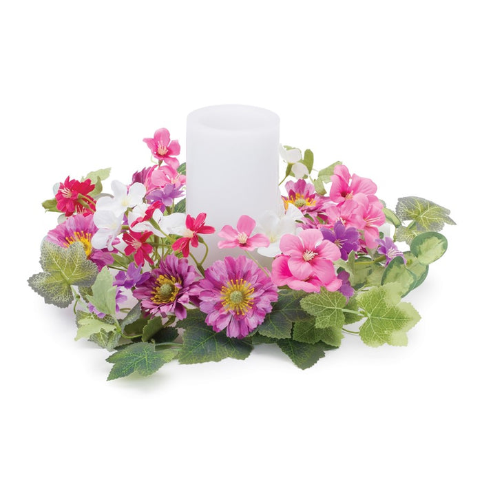 Melrose Int. Mixed Daisy Floral Candle Ring 11.5", Green/Pink - 88753DS