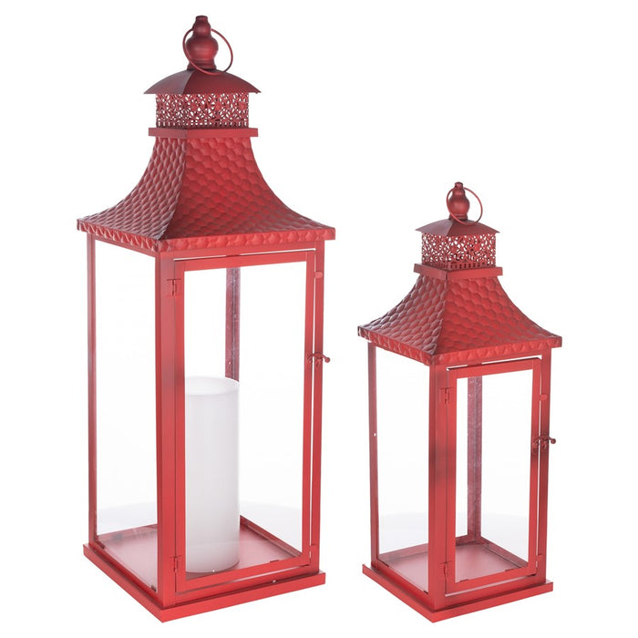 Melrose Traditional Lantern/Hammered Metal Lid, Set of 2, Red - 88764DS