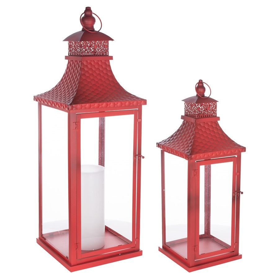 Melrose Traditional Lantern/Hammered Metal Lid, Set of 2, Red - 88764DS