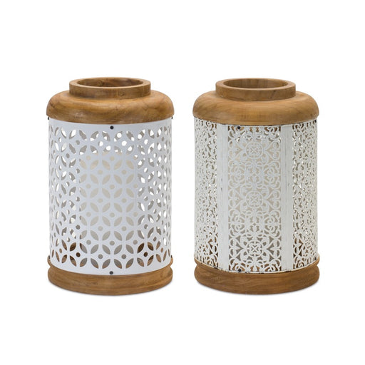 Melrose Geometric Punched Metal Lantern, Set of 2, White/Brown - 88778DS