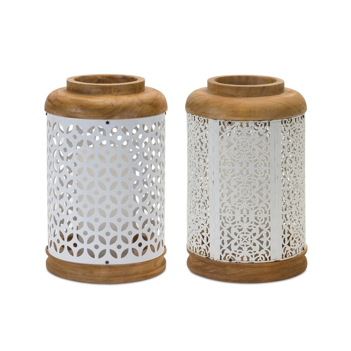 Melrose Geometric Punched Metal Lantern, Set of 2, White/Brown - 88778DS