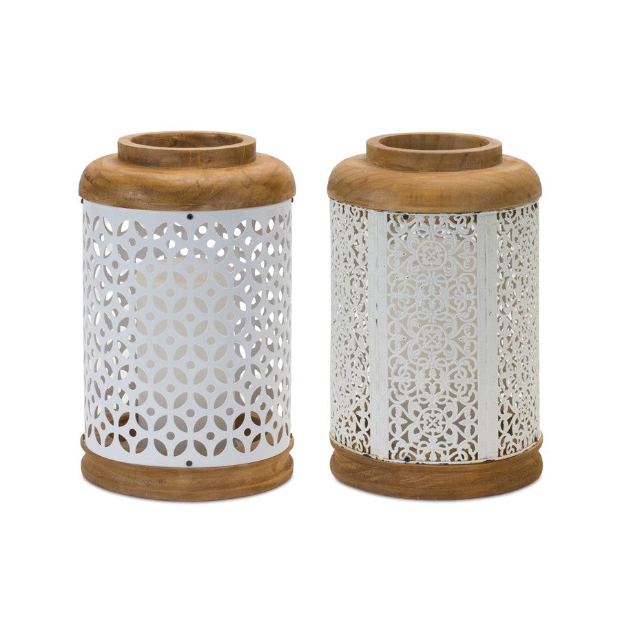 Melrose Geometric Punched Metal Lantern, Set of 2, White/Brown - 88778DS