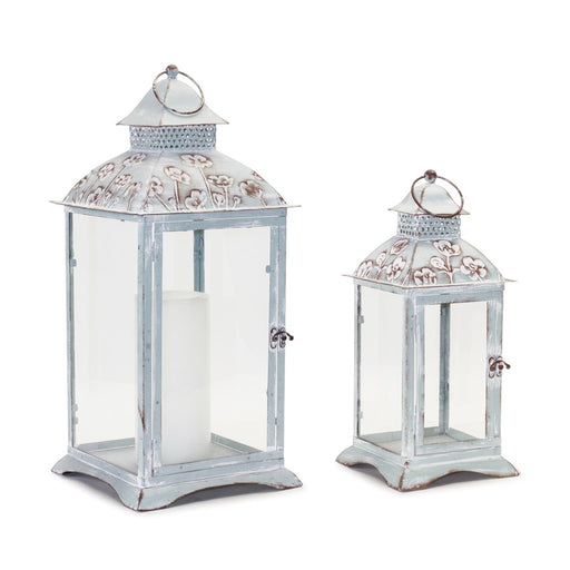 Melrose Floral Stamped Metal Lantern, Set of 2, Blue/White - 88829DS