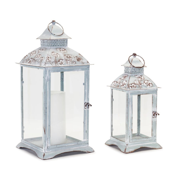 Melrose Floral Stamped Metal Lantern, Set of 2, Blue/White - 88829DS