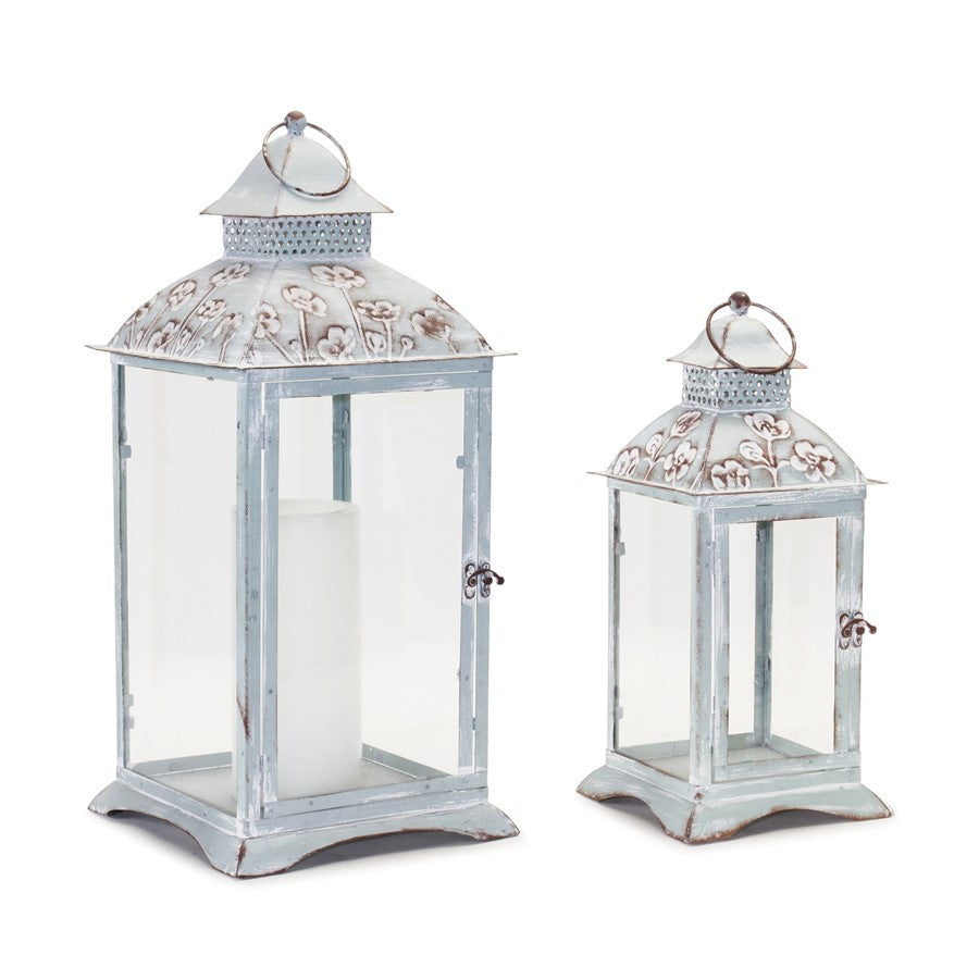 Melrose Floral Stamped Metal Lantern, Set of 2, Blue/White - 88829DS