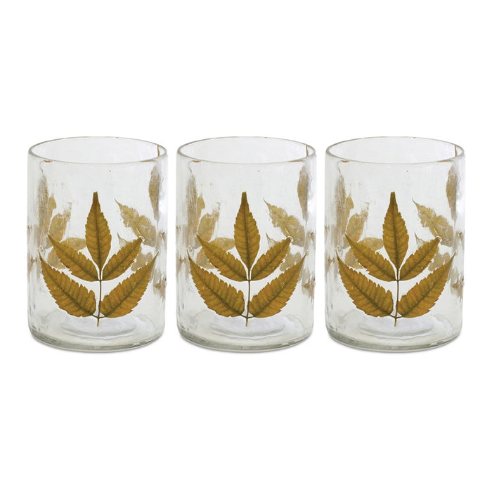 Melrose International Dried Leaf Glass Candle Holder, Set of 3, Brown