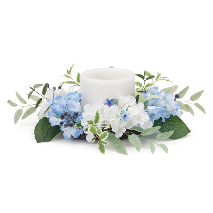 Melrose Mixed Hydrangea Floral Candle Ring 8"D, Green/Blue - 88952DS