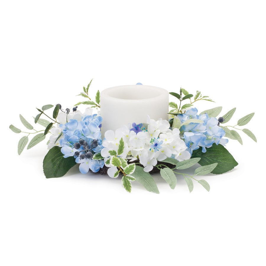 Melrose Mixed Hydrangea Floral Candle Ring 8"D, Green/Blue - 88952DS
