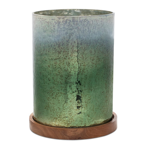 Melrose Green Mercury Glass Candle Holder/Wood Base 8.5"H, Green/Brown - 90005DS