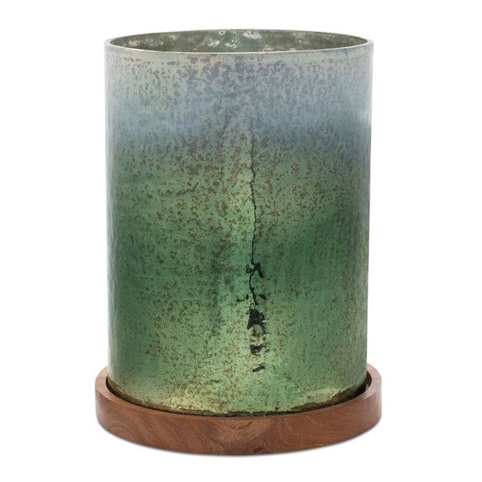 Melrose Green Mercury Glass Candle Holder/Wood Base 8.5"H, Green/Brown - 90005DS