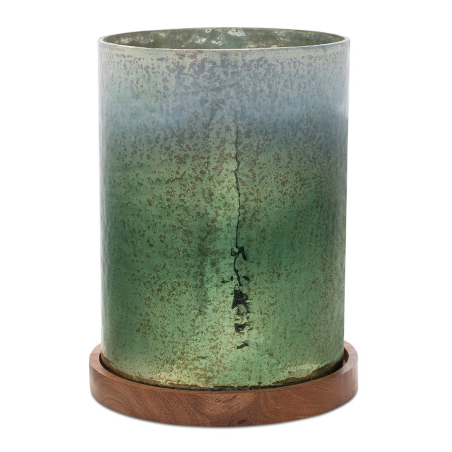 Melrose Green Mercury Glass Candle Holder/Wood Base 8.5"H, Green/Brown - 90005DS