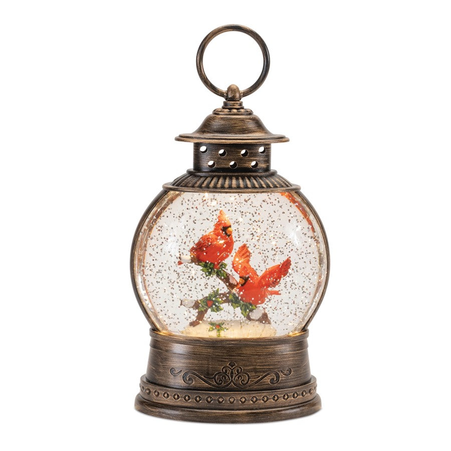 Melrose LED Snow Globe Lantern/Cardinal Bird Couple 8.25"H, Bronze/Red - 90044DS