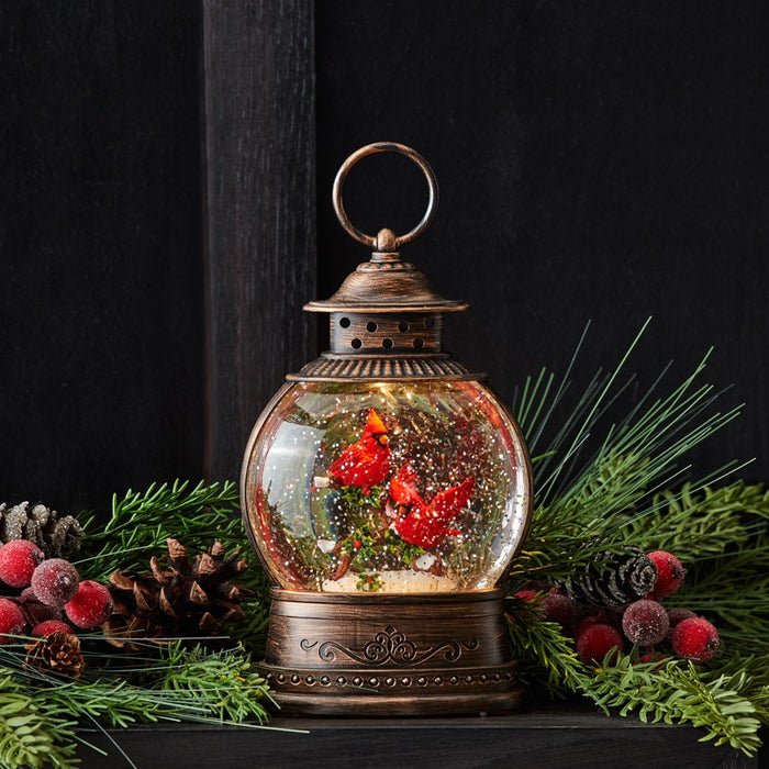 Melrose LED Snow Globe Lantern/Cardinal Bird Couple 8.25"H, Bronze/Red