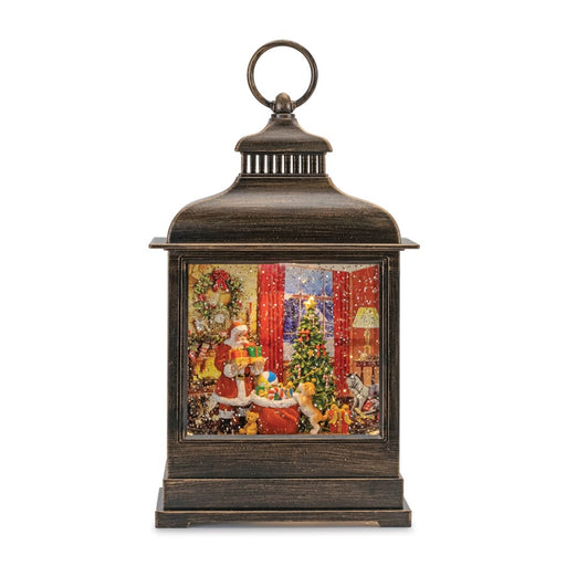Melrose LED Snow Globe Lantern/Santa/Puppy Scene 11"H, Bronze/Red - 90066DS