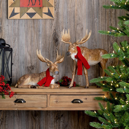 Melrose International Carved Winter Moose/Scarf, Set of 2, Brown/Red