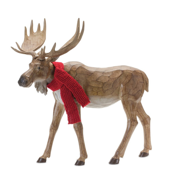 Melrose International Carved Winter Moose/Scarf, Set of 2, Brown/Red
