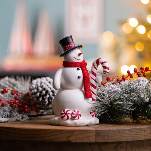 Melrose Peppermint Snowman/Candy Cane Figurine, Set of 2, White/Red