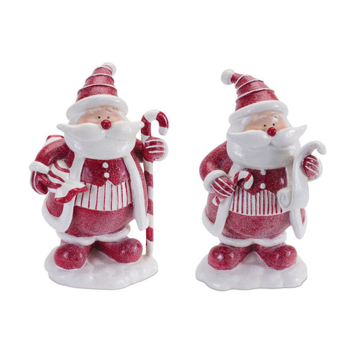 Melrose Peppermint Santa/Candy Cane Figurine, Set of 2, White/Red - 90139DS