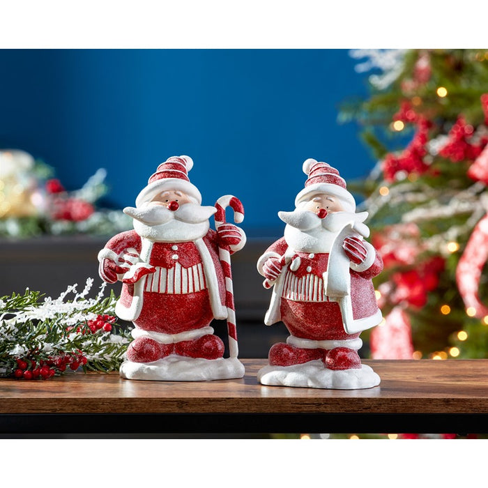 Melrose Peppermint Santa/Candy Cane Figurine, Set of 2, White/Red