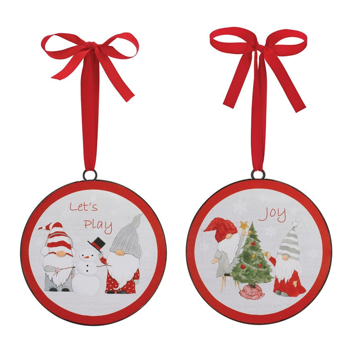 Melrose Metal Winter Gnome Disc Ornament, Set of 12, White/Red/Green