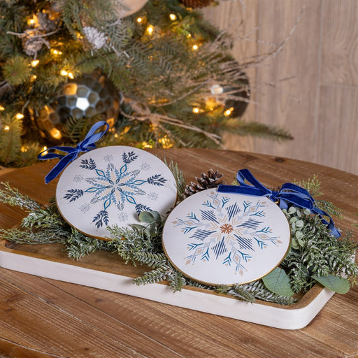 Melrose Metal Modern Snowflake Disc Ornament, Set of 12, Blue/White