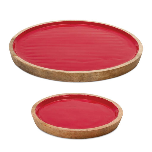Melrose International Round Wooden Tray, Set of 2, Red/Brown - 90220DS