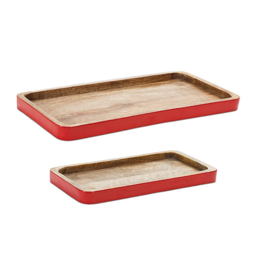 Melrose International Trimmed Wooden Tray, Set of 2, Red/Brown - 90221DS
